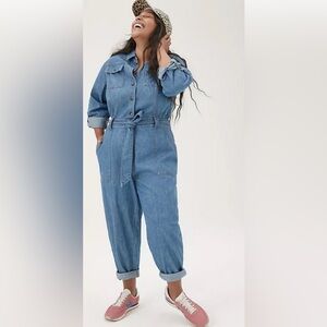 Pilcro Anthropologie Denim Jumpsuit XL Blue Utility Button Front Belted Pockets